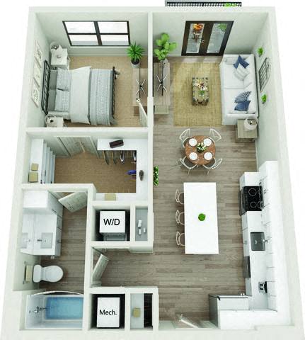 Floor plan for 1 bed, 1 bath, 732 sqft